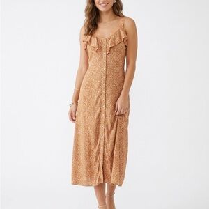 Boho Floral Ruffle Maxi Dress - Mustard/Orange Button Front - XL 100% Rayon